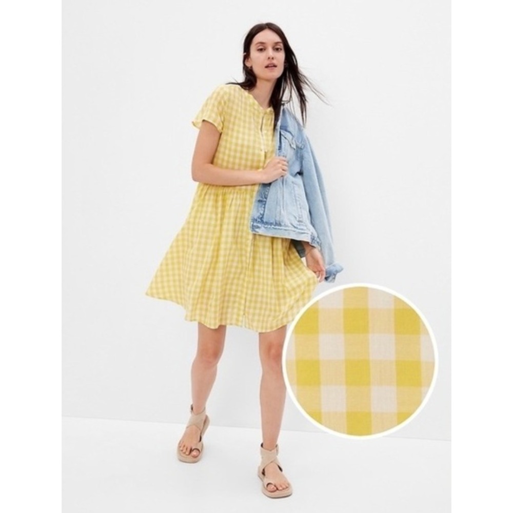 GAP Short Sleeve Empire‎ Waist Dress Mini Cottagecore Dainty Yellow Gingham M